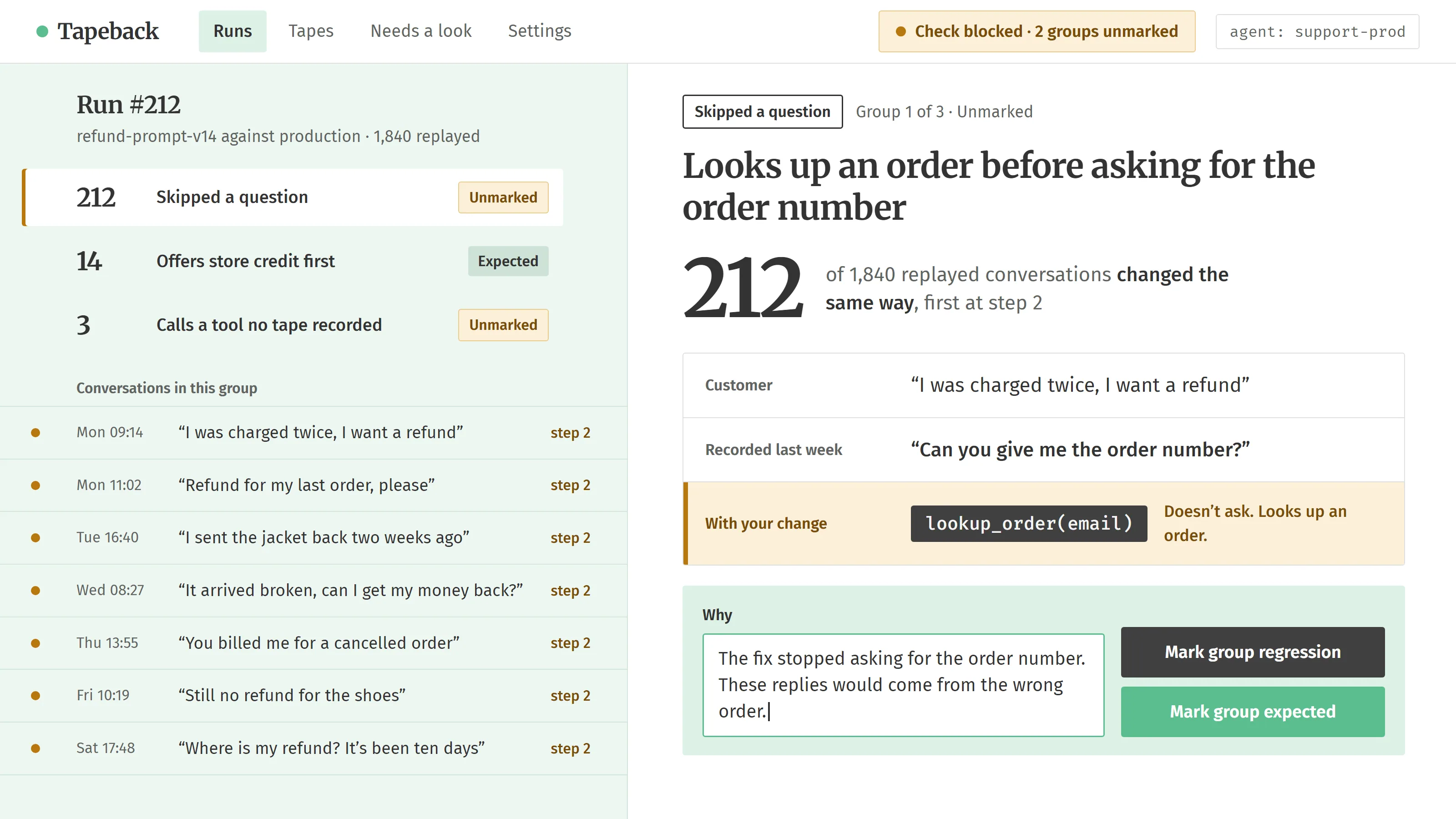 A group of 212 replayed conversations where the changed agent looks up an order instead of asking for the order number, waiting to be marked.