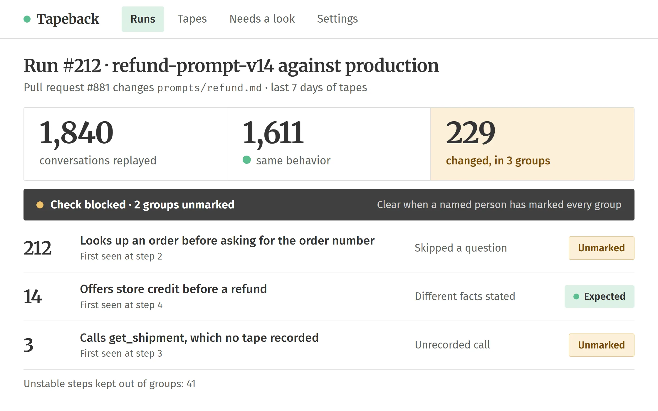 The run report: 1,840 replayed, 1,611 same behavior, 229 changed in three groups, two of them unmarked, check blocked.