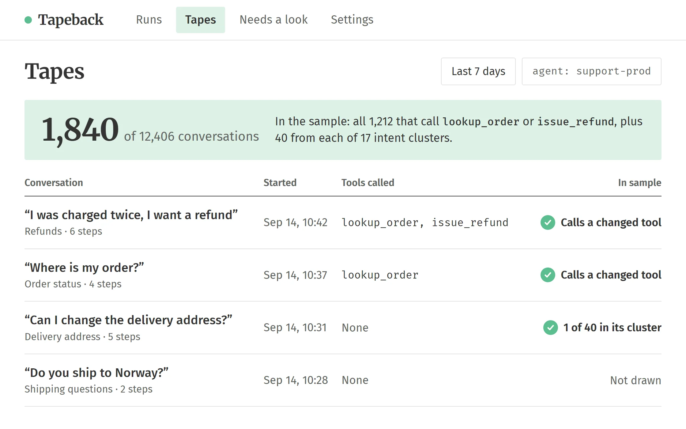 The Tapes view: a list of last week’s recorded conversations, with 1,840 of 12,406 drawn into the replay sample.